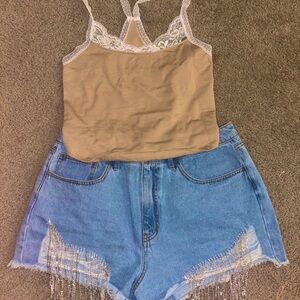 Tan Lace Trim Top and Denim Shorts Set